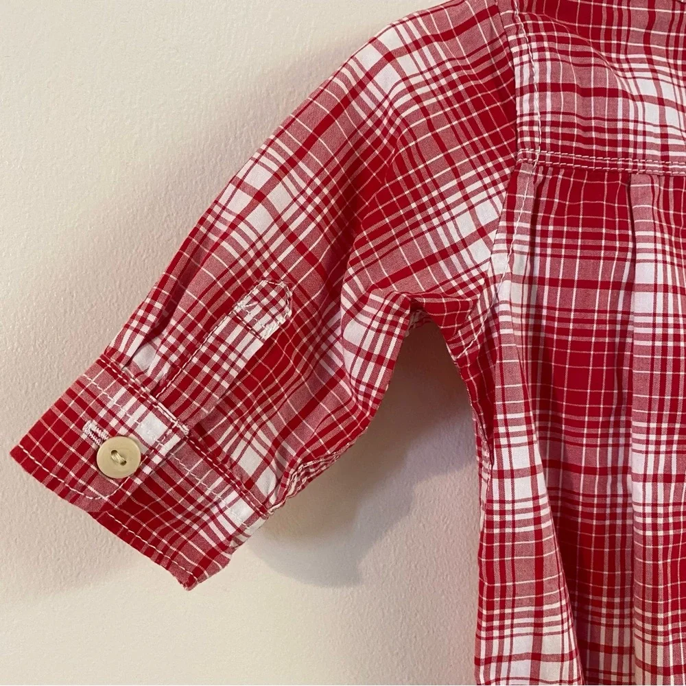Red and white plaid long sleeve bodysuit with point collar